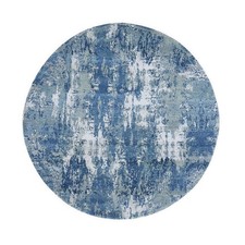 6'2"x6'2" Round Abstract Design Wool and Pure Silk Blue Hand Knotted Rug R66755
