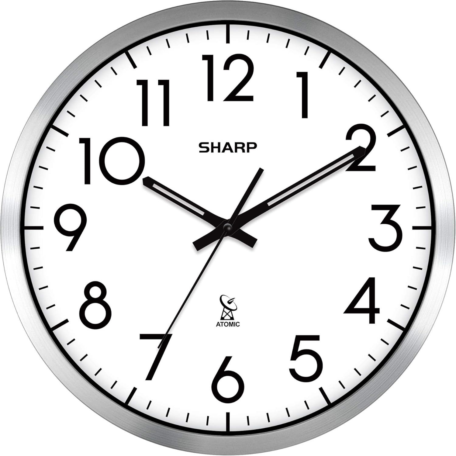 12-Inch Atomic Wall Clock, Battery Operated, Silver Brushed Finish | Self-Settin