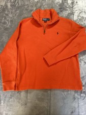 Polo Ralph Lauren 100 Cotton Orange Sweater Sz M 1/4 Zip Brown Pony Mock Neck