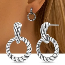 KUNSIR 925 Sterling Silver Vintage Tiny Braided Circle Stud Earrings For Women