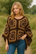 Handmade Granny Square Crochet Poncho Boho Brown  Tan Fuzzy Trim Cozy Wrap