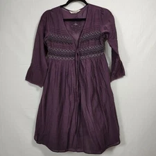 Odd Molly Uncorporated Embroidered Purple Tie Front ¾ Sleeve Dress Size 0 Fairy
