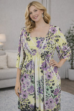 New New Directions Dress Matte Jersey Stretch XL Yellow Purple Floral