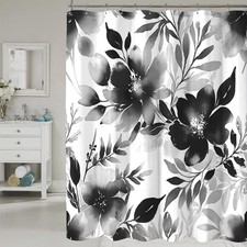 Black Watercolor Flower Floral Shower Curtain Waterproof Fabric 72 x 72 Inch