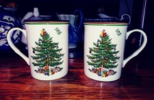Spode Christmas Tree Mugs 1938 Design Holiday White Green - Set Of 2