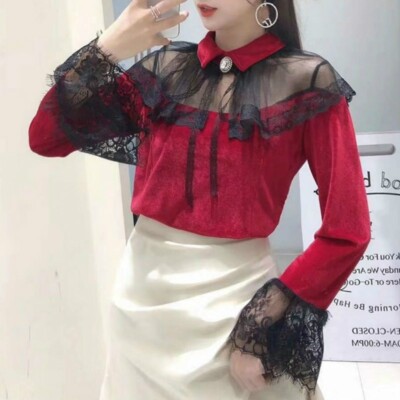 Spitze Damen Velevt Shirts Rüschen Tops Bluse Netz transparent T-Shirts Schlagärmel