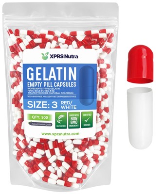 Size 3 Red & White Empty Gelatin Pill Capsules Kosher Gel Caps Gluten-Free USA 