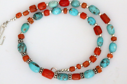 Rare Necklaces with Old Yemenite Red Coral, Iranian Turquoise & 925 Silver Beads - Picture 6 of 7