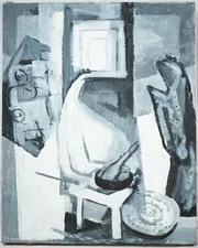 Beautiful Cubist Abstract Expressionist Oil Painting Black and White, FINE!