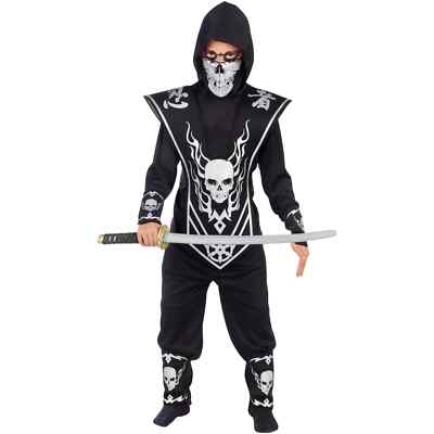 Fun World's ''Skull Ninja'' 6 Piece Halloween Costume, Medium (8) - Unopened