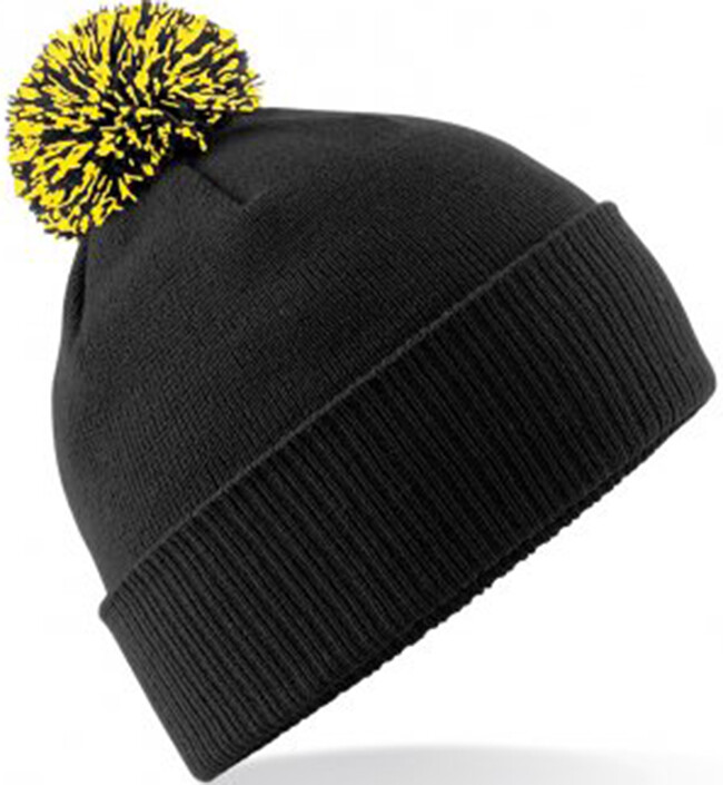 Black/Yellow Contrast Pom Pom Beanie Hat