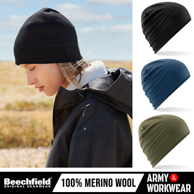 Beechfield Merino Wool Beanie Hat Cap Anti Bacterial Quick Dry Odour Resist Soft