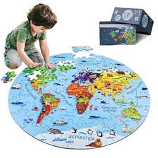 World Map Jigsaw Puzzle for Kids 4-8, 70 Piece Large Round Floor Puzzles for