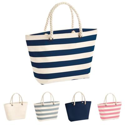 Große Baumwoll-Canvas-Tasche uni maritim gestreift Strand Picknick Seil Henkeltasche