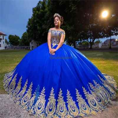 Royal Blue Quinceanera Dresses Off Shoulder Gold Applique Ball Gowns Sweet  15 16 | eBay