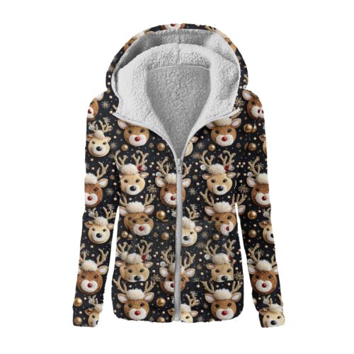 Women's Fashion Printing Sweatshirt Loose Hooded Plush Zip Up Jacket Top - Picture 12 of 48