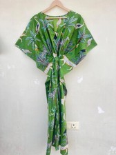 Indian Cotton Green Forest Print Kaftan Dress Women's Clothing Kaftan Dress US