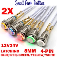 2x 8mm Small Metal Push Button Switch 4Pin LED Latching/Self Locking Waterproof