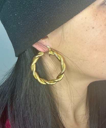 LARGE HOOP CREOLE EARRINGS 18K YELLOW GOLD FILLED WOMENS 50MM HOOPS - Picture 7 of 8