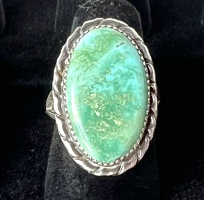 Navajo Sterling Silver Green Turquoise Beige Matrix Oval Gemstone Ring SIGNED DK
