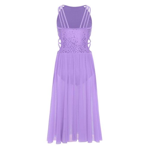Girl Lyrical Dance Dress Modern Dancewear Sleeveless Sequins Bodice Waist Outfit - Picture 43 of 162