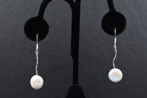 Handmade Studio Sterling Coin Pearl Dangle Earrings Freshwater White