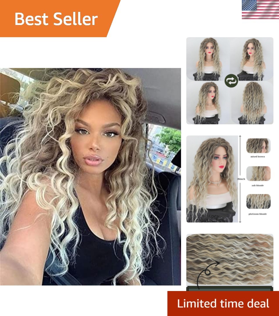 Ash Blonde Long Curly Wigs for Women Ombre Color Heat  display picture 2