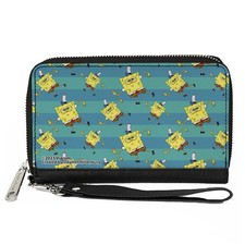PU Zip Around Wallet Rectangle SpongeBob Dancing Pose Scattered Stripe Teal Blue