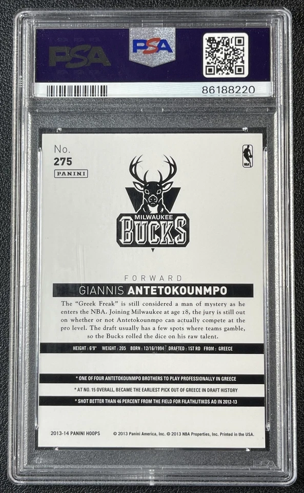 GIANNIS ANTETOKOUNMPO PSA 10 2013-14 PANINI HOOPS #275 ROOKIE GOLD RC BUCKS 8220 - Image 2 of 2