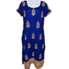 Womens Blue Embroidered Kurti Tunic Sz S Gold Zari Beaded Bollywood Festive Desi
