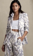 Banana Republic Sz 14 L Long & Lean Blue White Print Linen Blend Blazer Preppy