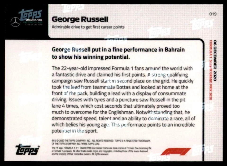 George Russell 2020 Topps Now F1 #19 RC /3137 - Image 2 of 2