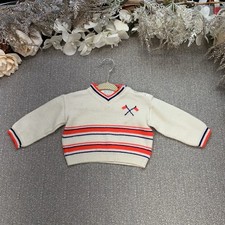 Soft Spun Baby Sweater Tennis embroidery Ivory Red Blue 12 Months Vintage 60's