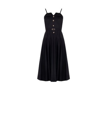 Abito Midi A Ruota In Cotone Con Cintura Sottile E Fibbia