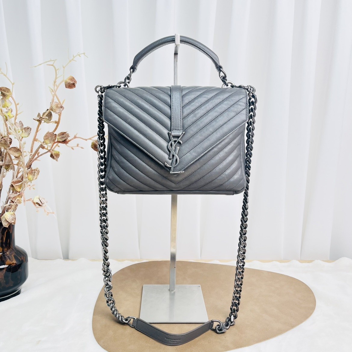 Saint Laurent College Small Shoulder Bag in Grey Matelasse Leather