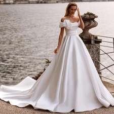 A Line Wedding Dress Off Shoulder Boat Neck Flower Court Train Satin Bridal Gown