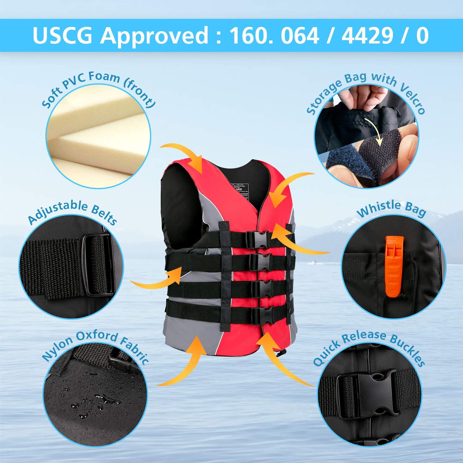 XGEAR Adult USCG Life Jacket Water Sports Vest