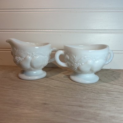 Vintage Westmoreland white Milk Glass Cream and Sugar Set Raised Fruit Pattern 