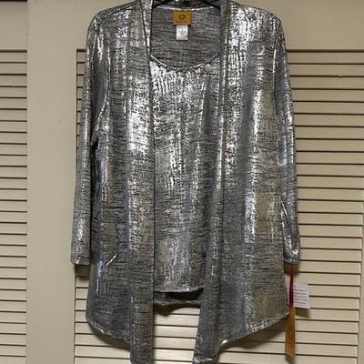 Ruby Rd. Twin Set Womens L  Silver Metallic Studded Cardigan Tank Top 2 For 1