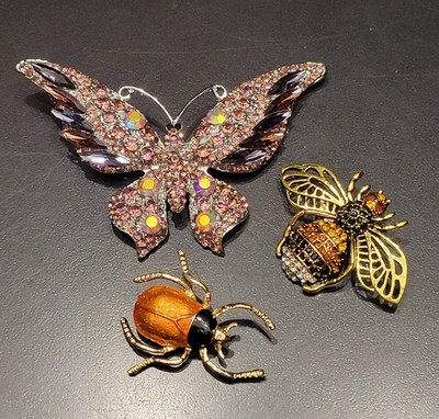 Big Beautiful Purple Rhinestone Butterfly Queen Bee Beetle Brooch Lot CA P2-107