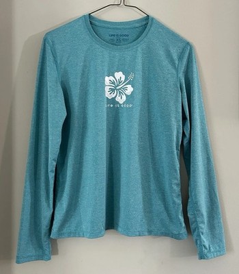 Life Is Good Women s XS Long Sleeve Active Top Teal with Hibiscus Flower