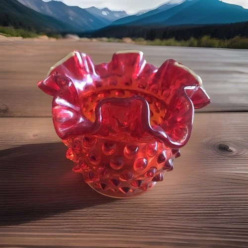 Fenton Amberina Hobnail Glass Vase/Rose Bowl w/Ruffled Edges VTG Collectable