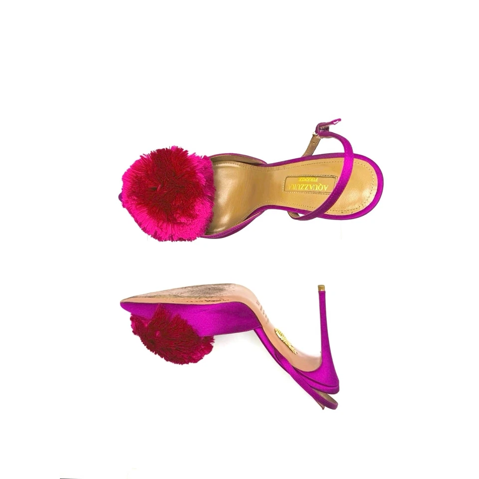 Bombas AQUAZZURA Powder Puff Pompom Satin Slingback en magenta talla 37,5 Foto 2 de 4