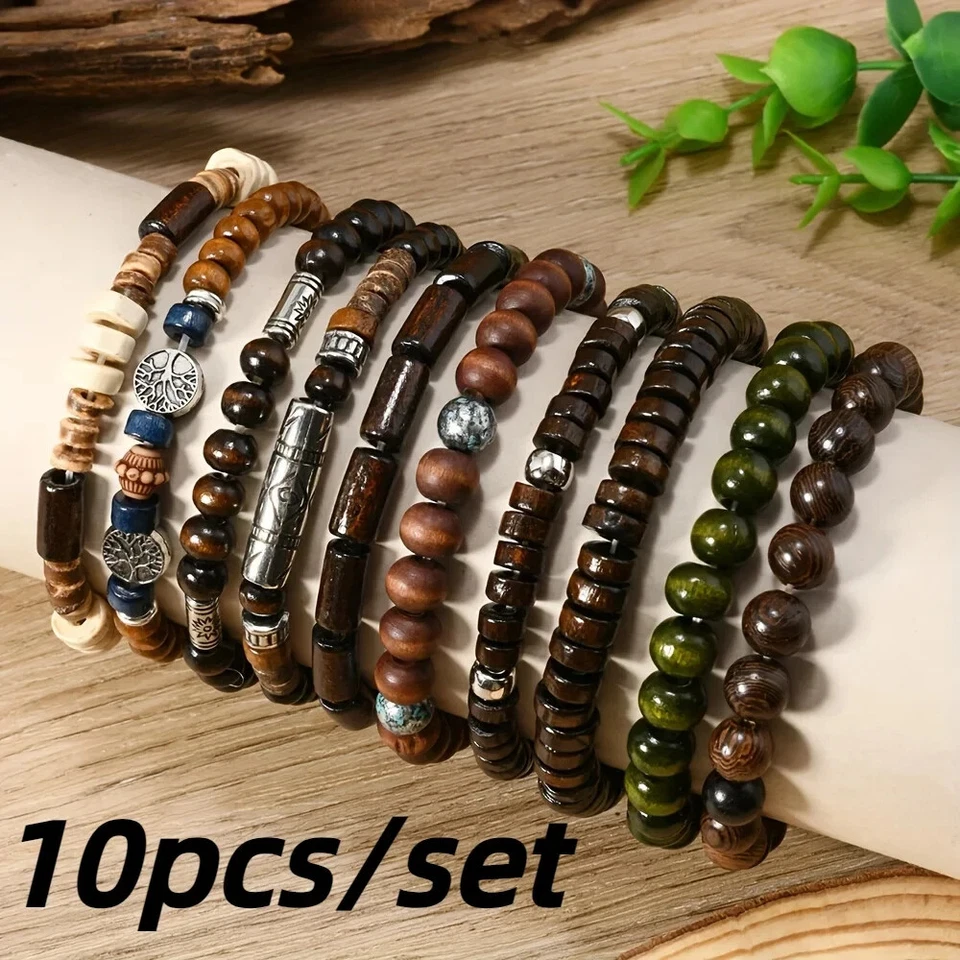Juego de 10 PIEZAS Pulseras Boho Cuentas para Hombres Madera Árbol de la Vida Joyería en Capas Foto 2 de 4