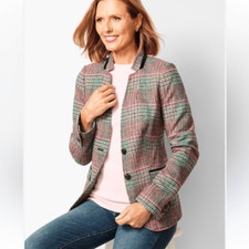 Talbots Shetland Aberdeen Tipped Plaid Wool Blend Blazer  Size 14
