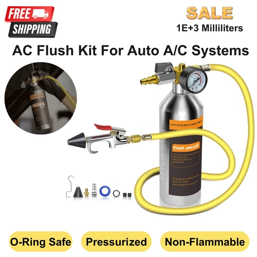 AC Flush Kit for Auto A/C Systems, Stainless Canister, Hose, Adapters, Durable