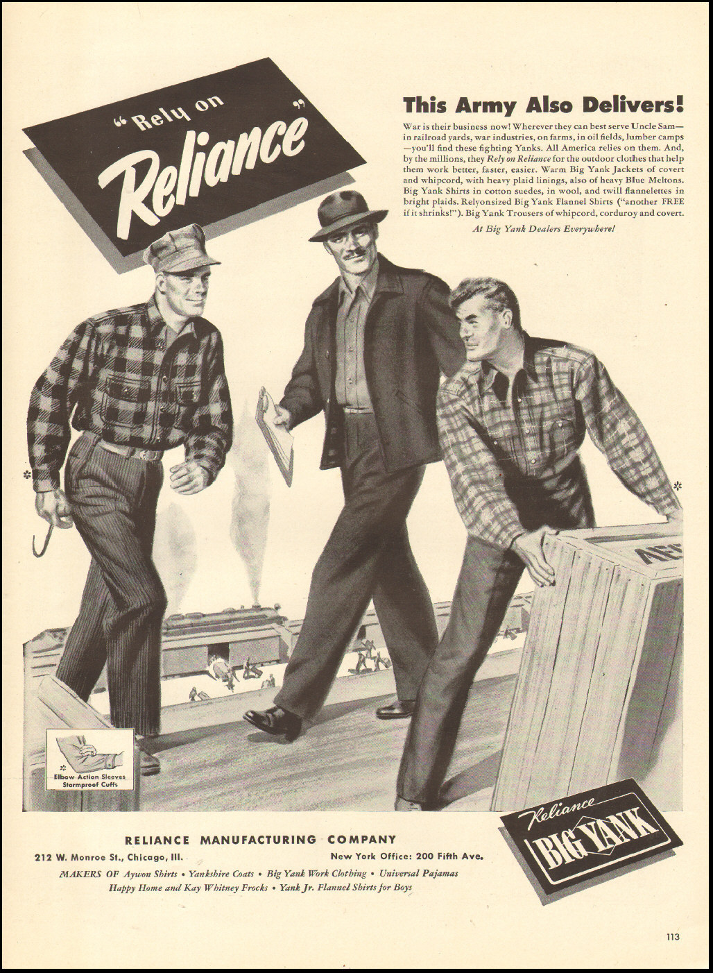 1943 Vintage ad for Big Yank`Clothes Reliance Manufacturing Co. WWII  (092516)