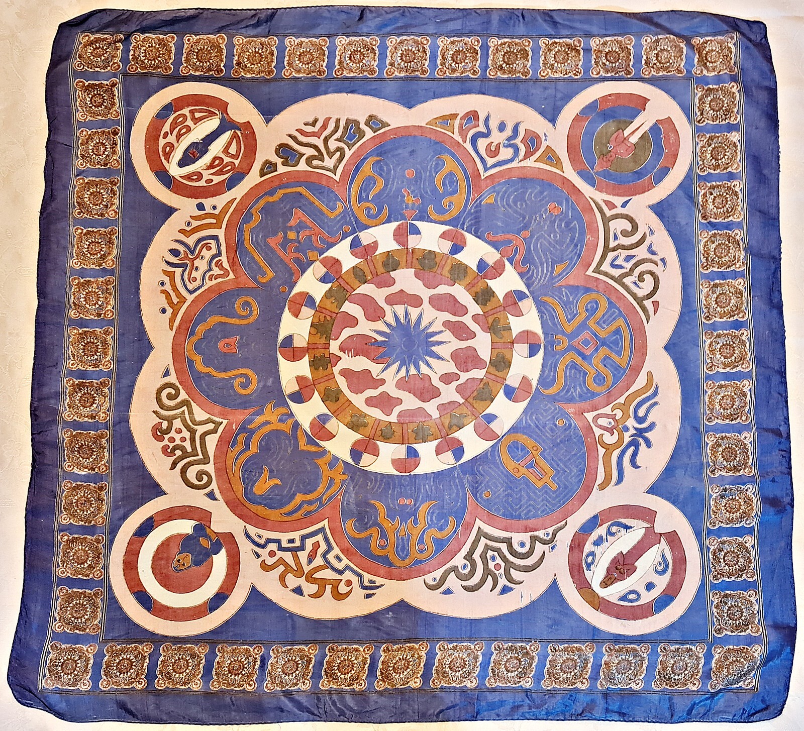 Vintage Eastern Islamic Art Blue Rayon Scarf 40 Inch Square-image