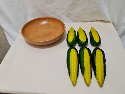 6 Vintage mundgeblasene Glas Zuckermais Maiskolben Küchenständer in Holzschale