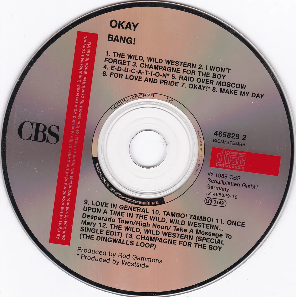 CD OKAY "BANG" 1989 "EDUCATION" "THE WILD, WILD WESTERN" ELECTRO POP ITALO DISCO - Bild 3 von 3